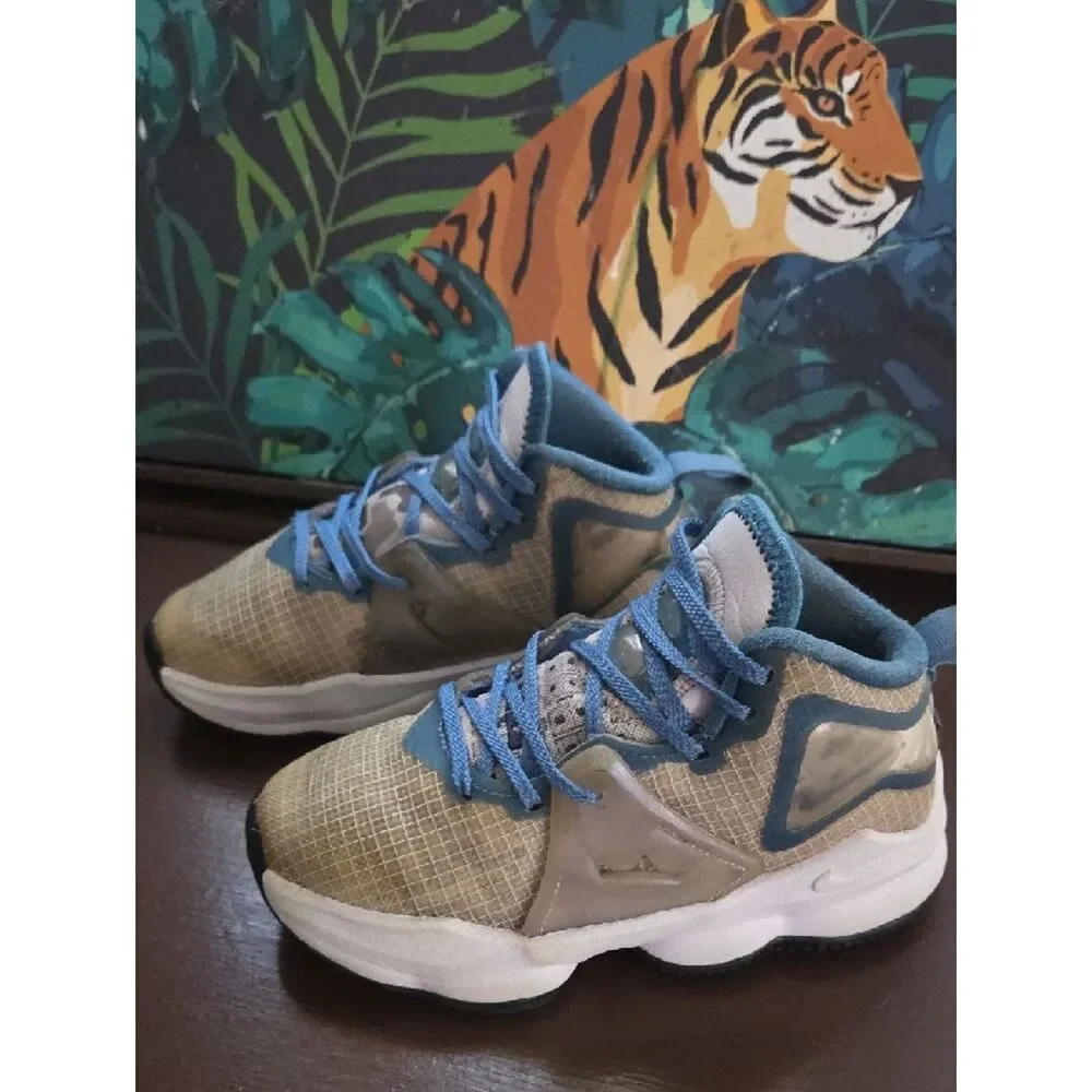 Nike Lebron James 19 Kids Tan and Blue Lace-Up Sneakers